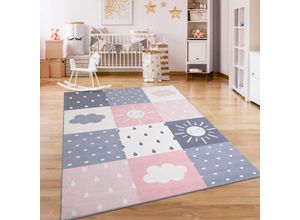 4061981236891 - Teppich Kinderzimmer Kinderteppich Kurzflor Rutschfest Herzen Sonne Regenbogen 80x150 cm Rosa - Paco Home