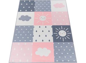 4061981236921 - Teppich Kinderzimmer Kinderteppich Kurzflor Rutschfest Herzen Sonne Regenbogen 160x220 cm Rosa - Paco Home