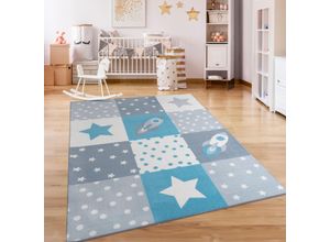 4061981240133 - Kinderteppich Eliz 395 Teppiche Gr B L 140 cm x 200 cm 12 mm 1 St blau Kinder Kinderzimmerteppiche Kurzflor Spielteppich Patchwork-Muster Motiv Rakete Sterne Punkte