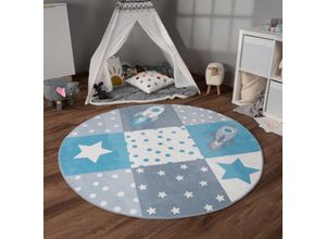 4061981240171 - Teppich Kinderzimmer Kinderteppich Kurzflor Rutschfest Herzen Sonne Regenbogen 120 cm Rund Blau 2 - Paco Home