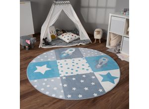 4061981240188 - Teppich Kinderzimmer Kinderteppich Kurzflor Rutschfest Herzen Sonne Regenbogen 160 cm Rund Blau 2 - Paco Home