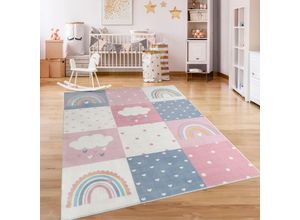 4061981240195 - Teppich Kinderzimmer Kinderteppich Kurzflor Rutschfest Herzen Sonne Regenbogen 80x150 cm Grau-Rosa - Paco Home