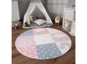 4061981240263 - Teppich Kinderzimmer Kinderteppich Kurzflor Rutschfest Herzen Sonne Regenbogen 160 cm Rund Grau-Rosa - Paco Home