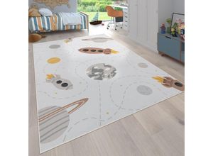 4061981242748 - Teppich Kinderzimmer Kinderteppich Rutschfest Rakete Planet Sterne Beige Braun Gelb 240x340 cm - Paco Home