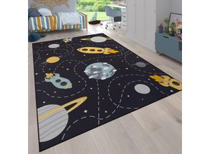 4061981242786 - Teppich Kinderzimmer Kinderteppich Rutschfest Rakete Planet Sterne Grau Blau Gelb 80x150 cm - Paco Home