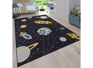 4061981242854 - Paco Home - Teppich Kinderzimmer Kinderteppich Rutschfest Rakete Planet Sterne Grau Blau Gelb 160 cm Rund