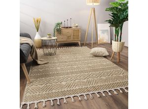 4061981302459 - Teppich Wohnzimmer Kurzflor Skandi Boho Muster Geometrisch Einfarbig Fransen 160x220 cm Natur - Paco Home