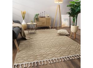 4061981302503 - Teppich Wohnzimmer Kurzflor Skandi Boho Muster Geometrisch Einfarbig Fransen 160x220 cm Beige - Paco Home