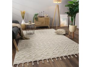 4061981302558 - Teppich Wohnzimmer Kurzflor Skandi Boho Muster Geometrisch Einfarbig Fransen 160x220 cm Creme 2 - Paco Home