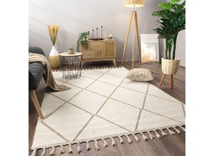 4061981302589 - Paco Home Teppich Wohnzimmer Kurzflor Skandi Boho Muster Geometrisch Einfarbig Fransen 80x150 cm Beige 2