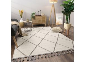 4061981302657 - Teppich Wohnzimmer Kurzflor Skandi Boho Muster Geometrisch Einfarbig Fransen 160x220 cm Grau - Paco Home