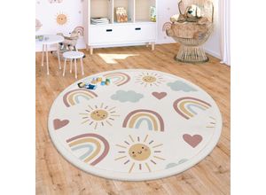 4061981304071 - Paco Home Teppich Kinderzimmer Spielmatte Waschbar Rutschfest Regenbogen Planet Tiere Soft 160 cm Rund Bunt 2