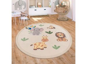 4061981304187 - Teppich Kinderzimmer Spielmatte Waschbar Rutschfest Regenbogen Planet Tiere Soft Beige 120 cm Rund - Paco Home