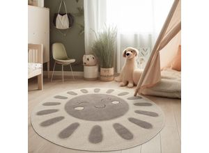 4061981306266 - Paco Home Teppich Kinderzimmer Kinderteppich Krabbelteppich Kurzflor Sonne 3D Weich Creme 120 cm Rund Creme 3