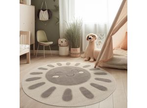 4061981306327 - Teppich Kinderzimmer Kinderteppich Krabbelteppich Kurzflor Sonne 3D Weich Creme 160 cm Rund Creme 3 - Paco Home