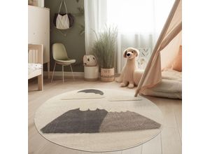 4061981306693 - Paco Home Teppich Kinderzimmer Kinderteppich Krabbelteppich Kurzflor Sonne 3D Weich Creme 120 cm Rund Creme 2