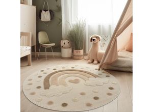 4061981306716 - Teppich Kinderzimmer Kinderteppich Krabbelteppich Kurzflor Sonne 3D Weich Creme 120 cm Rund Sand - Paco Home