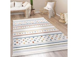 4061981311505 - Paco Home Teppich Wohnzimmer Kurzflor Boho Modern Ethno Skandi Geometrisch Fransen 120 cm Rund Bunt 4