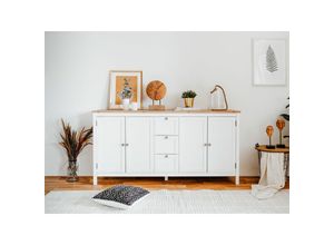 4062088177995 - Kommode Weiß Wildeiche Sideboard Vintage Landhaus - 180x90x40 cm (BxHxT) - Highboard Anrichte - [Eireenthree] Wohnzimmer Schlafzimmer Flur Esszimmer