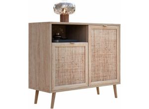 4062088180032 - Newfurn - Kommode Sonoma Eiche Rattan Optik Sideboard Modern Skandinavisch - 1015x87x40 cm (BxHxT) - Highboard Anrichte Boho - [Milaone] Wohnzimmer