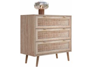 4062088180049 - Kommode mit Schubladen Sonoma Eiche Rattan Optik Sideboard Modern Skandinavisch - 80x80x40 cm (BxHxT) - Highboard Anrichte Boho - [Milatwo]