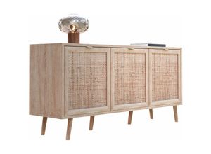 4062088180063 - Newfurn Sideboard Sonoma Eiche Rattan Optik Kommode Modern Skandinavisch - 150x71x40 cm (BxHxT) - Highboard Anrichte Boho - [Milafour] Wohnzimmer