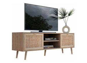 4062088180100 - Newfurn TV Lowboard Sonoma Eiche Rattan Optik TV Schrank Modern Skandinavisch - 150x52x40 cm (BxHxT) - Fernsehtisch TV Board Rack Boho - [Milaeight]