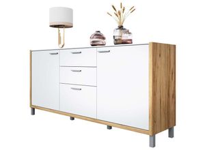 4062088180926 - Kommode Weiß Catania Eiche Sideboard Modern Vintage - 1858x854x415 cm (BxHxT) - Highboard Anrichte - [Manhattantwo] Wohnzimmer Schlafzimmer Flur