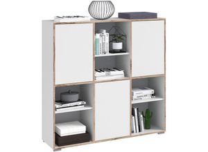 4062088237897 - Newfurn Highboard Eiche Weiß Kommode Skandi Modern - 122x123x39 cm (BxHxT) - Sideboard Anrichte Schrank - [Slatertwo] Wohnzimmer Wohnstube Büro