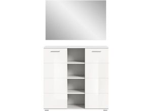 4062088301505 - Garderoben-Set weiß hg weiß nb Wandpaneele Modern Elegant - 110x191x37 cm (BxHxT) - Spiegel Garderobenkommode - [Prenixthirteen] Schlafzimmer Flur