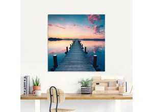 4062144151976 - Glasbild ARTLAND Langer Pier am See im Sonnenaufgang Bilder Gr B H 125 cm x 50 cm Glasbild Gewässer 1 St blau Glasbilder in verschiedenen Größen