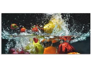 4062144210734 - Küchenrückwand ARTLAND Spritzendes Obst auf dem Wasser Spritzschutzwände Gr B H 120 cm x 55 cm bunt Küchendekoration Alu Spritzschutz mit Klebeband einfache Montage