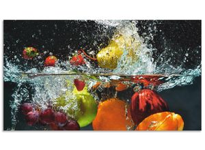 4062144210888 - Küchenrückwand ARTLAND Spritzendes Obst auf dem Wasser Spritzschutzwände Gr B H 90 cm x 50 cm bunt Küchendekoration Alu Spritzschutz mit Klebeband einfache Montage