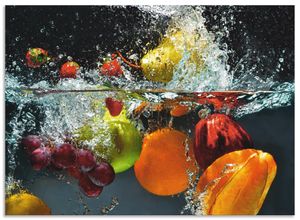 4062144210918 - Küchenrückwand ARTLAND Spritzendes Obst auf dem Wasser Spritzschutzwände Gr B H 90 cm x 65 cm bunt Küchendekoration Alu Spritzschutz mit Klebeband einfache Montage