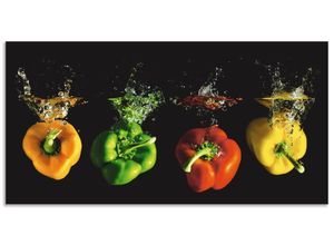 4062144211243 - Küchenrückwand ARTLAND Paprika fallen ins Wasser Spritzschutzwände Gr B H 110 cm x 55 cm bunt Küchendekoration Alu Spritzschutz mit Klebeband einfache Montage