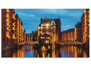 4062144213407 - Küchenrückwand ARTLAND Teil der alten Speicherstadt in Hamburg Spritzschutzwände Gr B H 90 cm x 50 cm blau Küchendekoration Alu Spritzschutz mit Klebeband einfache Montage