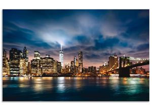 4062144213957 - Küchenrückwand ARTLAND Sonnenaufgang über Manhattan Spritzschutzwände Gr B H 80 cm x 50 cm blau Küchendekoration Alu Spritzschutz mit Klebeband einfache Montage