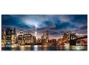 4062144214084 - Küchenrückwand ARTLAND Sonnenaufgang über Manhattan Spritzschutzwände Gr B H 120 cm x 50 cm blau Küchendekoration Alu Spritzschutz mit Klebeband einfache Montage