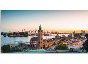 4062144360682 - Wandbild ARTLAND Hamburg Hafen und Landungsbrücken Bilder Gr B H 150 cm x 75 cm Alu-Dibond-Druck Deutschland Querformat 1 St beige (naturfarben) Bild Leinwandbild Kunstdrucke Bilder als Alubild Leinwandbild Wandaufkleber oder Poster in versch Größen