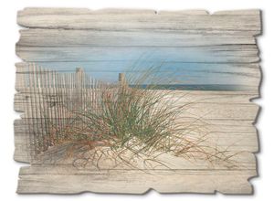 4062144361665 - Holzbild ARTLAND Schöne Sanddüne mit Gräsern und Zaun Bilder Gr B H 40 cm x 30 cm Holzbild Strand Querformat 1 St beige (naturfarben) Bild Holzbild Holzbilder Bilder