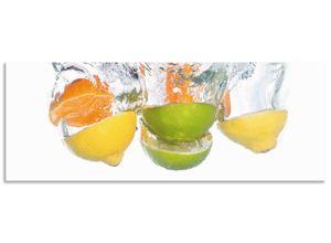 4062144469545 - Küchenrückwand ARTLAND Zitrusfrüchte fallen in klares Wasser Spritzschutzwände Gr B H 150 cm x 55 cm bunt Küchendekoration Alu Spritzschutz mit Klebeband einfache Montage