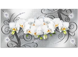 4062144594070 - Wandbild ARTLAND weiße Orchideen auf Ornamenten Bilder Gr B H 100 cm x 50 cm Alu-Dibond-Druck Blumenbilder Querformat 1 St grau Kunstdrucke als Alubild Leinwandbild Wandaufkleber oder Poster in versch Größen