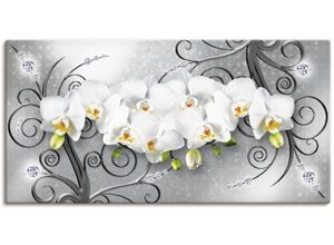 4062144594100 - Wandbild ARTLAND weiße Orchideen auf Ornamenten Bilder Gr B H 150 cm x 75 cm Leinwandbild Blumenbilder Querformat 1 St grau Kunstdrucke als Alubild Leinwandbild Wandaufkleber oder Poster in versch Größen