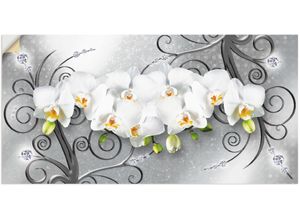 4062144594179 - Wandbild ARTLAND weiße Orchideen auf Ornamenten Bilder Gr B H 60 cm x 30 cm Wandaufkleber - Vinyl Blumenbilder Querformat 1 St grau Kunstdrucke als Alubild Leinwandbild Wandaufkleber oder Poster in versch Größen