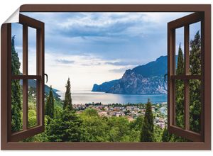 4062144599716 - Wandbild ARTLAND Gardasee durchs braune Fenster Bilder Gr B H 100 cm x 70 cm Poster Seebilder Querformat 1 St grün Kunstdrucke als Alubild Leinwandbild Wandaufkleber oder Poster in versch Größen