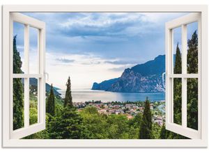 4062144599754 - Wandbild ARTLAND Gardasee durchs weiße Fenster Bilder Gr B H 100 cm x 70 cm Alu-Dibond-Druck Seebilder Querformat 1 St grün Kunstdrucke als Alubild Leinwandbild Wandaufkleber oder Poster in versch Größen