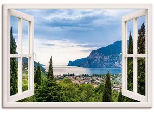 4062144599785 - Wandbild ARTLAND Gardasee durchs weiße Fenster Bilder Gr B H 100 cm x 70 cm Leinwandbild Seebilder Querformat 1 St grün Kunstdrucke als Alubild Leinwandbild Wandaufkleber oder Poster in versch Größen