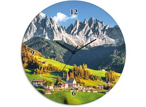 4062144604656 - Wanduhr ARTLAND Glasuhr rund Alpen Berge Santa Maddalena Wanduhren Gr B H T 30 cm x 30 cm x 18 cm Funkuhr grün Wanduhren wahlweise mit Quarz- oder Funhuhrwerk lautlos ohne Tickgeräusche