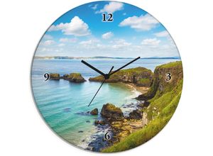 4062144605059 - Wanduhr ARTLAND Glasuhr rund Küstenweg in Carrick-a-Rede Wanduhren Gr B H T 30 cm x 30 cm x 18 cm Funkuhr grün Wanduhren wahlweise mit Quarz- oder Funhuhrwerk lautlos ohne Tickgeräusche