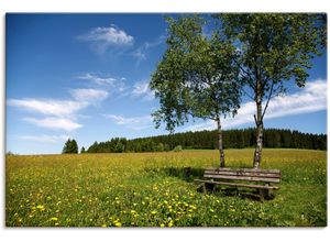 4062144635018 - Wandbild ARTLAND Einsame Bank auf einer Löwenzahnwiese Bilder Gr B H 90 cm x 60 cm Leinwandbild Felder Querformat 1 St grün Kunstdrucke als Alubild Leinwandbild Wandaufkleber oder Poster in versch Größen